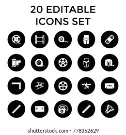 Tape icons. set of 20 editable filled tape icons such as ruler, waist fitness, bandage, cassette, stapler. best quality tape elements in trendy style.
