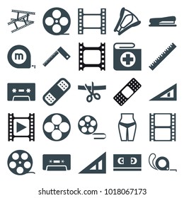 Tape icons. set of 25 editable filled tape icons such as ruler, triangle ruler, waist fitness, bandage, cassette, stapler