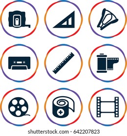 Tape icons set. set of 9 tape filled icons such as ruler, triangle ruler, bandage, cassette