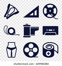Tape icons set. set of 9 tape filled icons such as triangle ruler, bandage, cassette, stapler