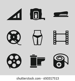 Tape icons set. set of 9 tape filled icons such as triangle ruler, bandage, stapler