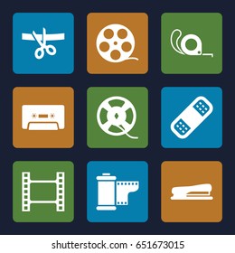 Tape icons set. set of 9 tape filled icons such as bandage, cassette, stapler