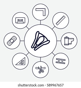 tape icons set. Set of 9 tape outline icons such as ruler, triangle ruler, bandage, cassette, stapler, camera tape