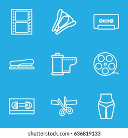 Tape icons set. set of 9 tape outline icons such as cassette, stapler, scissors and ribbon