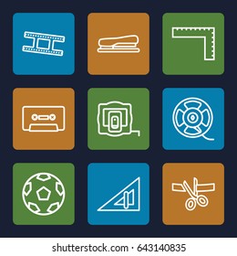 Tape icons set. set of 9 tape outline icons such as triangle ruler, ruler, cassette, stapler