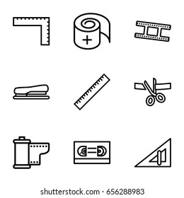 Tape icons set. set of 9 tape outline icons such as ruler, triangle ruler, bandage, stapler