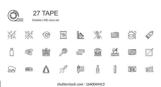 tape icons set. Collection of tape with ruler, products, wrapping, sewing, weight, stapler, cinema, measuring tape, product, open, band aid. Editable and scalable icons.