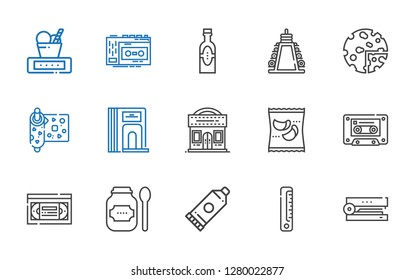 tape icons set. Collection of tape with stapler, ruler, glue, products, vhs, cassette, cinema, divider, wrapping, weight, recorder. Editable and scalable tape icons.