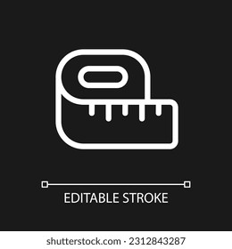 Tape line pixel perfect white linear ui icon for dark theme. Weight loss. Measure waist. Tailor. Vector line pictogram. Isolated user interface symbol for night mode. Editable stroke. Arial font used