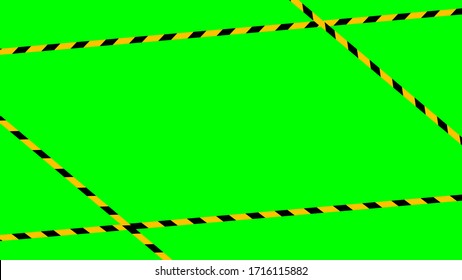 tape line yellow black stripe pattern on green screen background, green screen video and safety strip, warning tape line over green screen colour, ribbon yellow black striped on chroma key screen