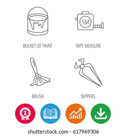 Tape measure, bucket of paint and paint brush icons. Nippers linear sign. Award medal, growth chart and opened book web icons. Download arrow. Vector