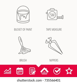 Tape measure, bucket of paint and paint brush icons. Nippers linear sign. Edit document, Calendar and Graph chart signs. Star, Check and House web icons. Vector