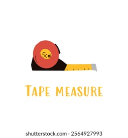 Tape measure in cartoon style on a white background. Work tool for home repair. Construction themed vector illustration, educational card for kindergarten, school