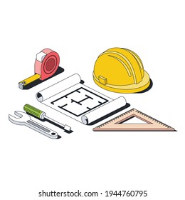 Tape Measure, Construction Helmet, Drawing Wrench Screwdriver, Ruler. Vector 3d Line Isometric, Color Web Icons, New Flat Style. Creative Design Idea For Infographics.