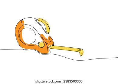 Tape measure, Construction tape, length measurement one line art. Continuous line color drawing of repair, professional, hand, people, concept, support, maintenance.