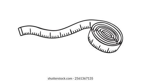 tape measure doodle hand drawn icon. Outline drawing rolled metric ribbon line clipart symbol. atelier, fitness vector icon isolated. Vector illustration