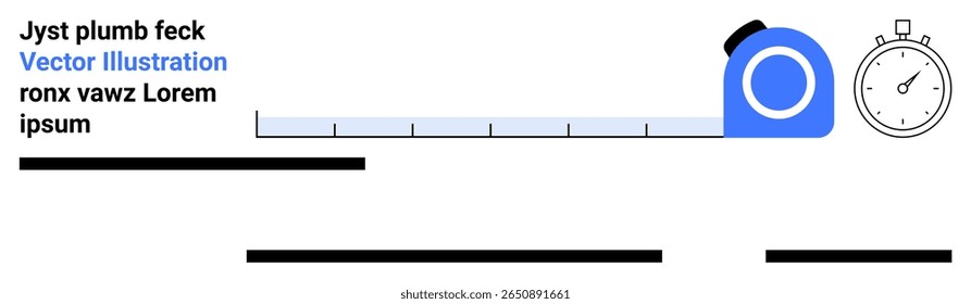Tape measure extended, positioned next to an analog stopwatch, accompanied by black horizontal lines. Ideal for project planning, construction, engineering, tools, time management, efficiency