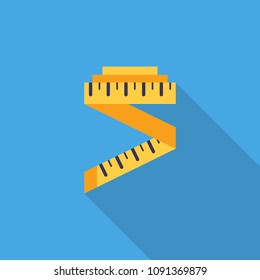 Tape measure flat icon isolated on blue background. Simple measuring tape symbol in flat style. GYM and fitness equipment Vector illustration for web and mobile design.