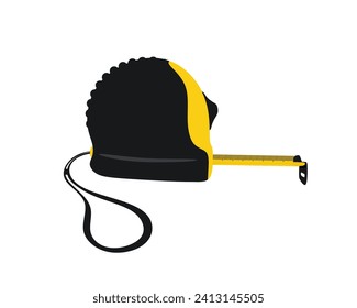 Tape measure for measuring surfaces and distances. Metric tape measure isolated. Measuring tape for measure length or distance. Construction handheld measuring tool. Colored flat vector illustration