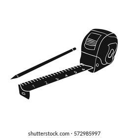 Tape measure and pencil icon in monochrome style isolated on white background. Architect symbol stock vector illustration.
