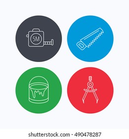 Tape measure, saw and bucket of paint icons.