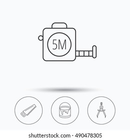 Tape measure, saw and bucket of paint icons.