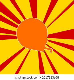 Tape measure symbol on a background of red flash explosion radial lines. The large orange symbol is located in the center of the sun, symbolizing the sunrise. Vector illustration on yellow background