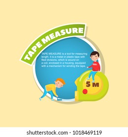 Tape measure tool description, little boys using giant measuring tape, creative poster with text vector illustration