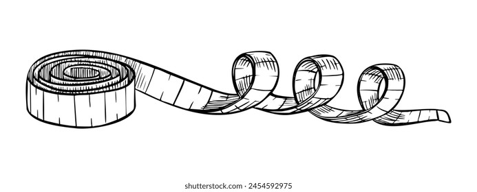 Cinta métrica. Ilustración vectorial de centímetro sobre fondo aislado. Dibujo lineal de equipo para sastre pintado con tintas negras. Esboce la Regla de aptitud para el parámetro de medición. Medidor de control de figura