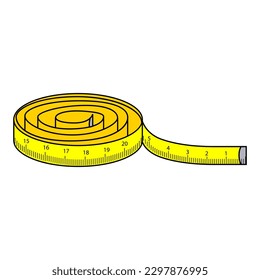 Top view of yellow soft measuring tape. Minimalist flat lay image of tape  measure with metric scale over turquoise blue background. Panoramic  orientation photo of tape measure with copy space. Stock Photo