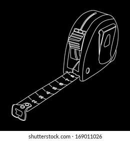 Tape measure vector isolated on black background, in white lines illustration.