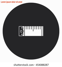 Tape measure web icon. Gray circle button with white illustration.
