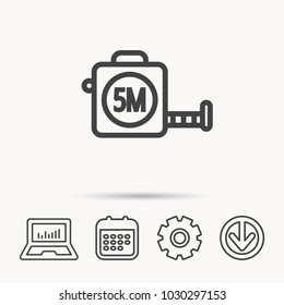 Tape measurement icon. Roll ruler sign. Notebook, Calendar and Cogwheel signs. Download arrow web icon. Vector
