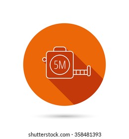 Tape measurement icon. Roll ruler sign. Round orange web button with shadow.
