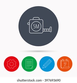 Tape measurement icon. Roll ruler sign. Calendar, cogwheel, document file and pencil icons.