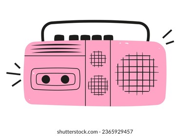 Tape recorder from the 90s in a flat style, pink color, nastolgia, retro, vintage, music technology. Flat style. Vector illustration.