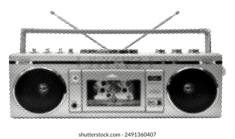 grabadora de cinta radio boombox con antena aislada sobre fondo blanco retro grunge semitono punteado vintage cut-out collage elemento para el diseño de medios mixtos sonido calle cultura urbana