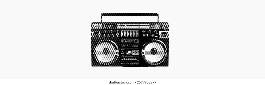 tape recorder boombox radio with antenna isolated on white background retro grunge halftone dotted vintage cut-out collage element for mixed media design sound street urban culture