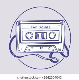 Tape recorder cassette, 90s, hand drawn sketch, vector illustration