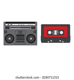 Tape recorder and cassette isolated on a white background in the cartoon style