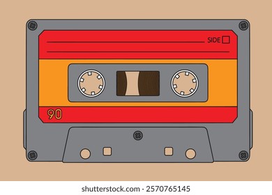 Tape recorder cassette with magnetic tape for listening to music. Vector drawing isolated on beige background.