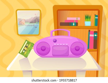 Tape recorder with cassette on table in front of bookcase. Pink cassette player and tape in living room cartoon illustration. Nostalgia, music, retro technology design, vintage concept