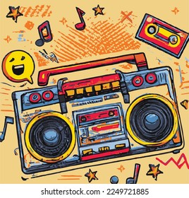 A tape recorder with cassettes and musical notes in the background retro poster illustration
