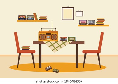 Tape recorder and cassettes on table in dining room illustration. Old cassette player, tapes and discs on shelves. Nostalgia, analog music player, retro technology design, vintage concept