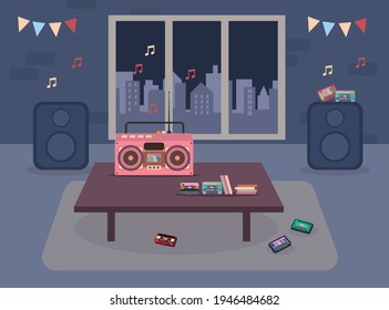 Tape recorder and cassettes on table in living room illustration. Cassette player, tapes, disc, and speakers in room at night. Nostalgia, analog music player, retro technology design, vintage concept