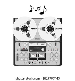 Tape recorder, deck or machine in retro style with bobbins. Vector graphic.