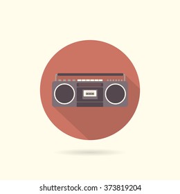 Tape recorder flat round icon. Retro design. Vintage. Vector illustration.