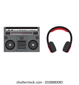 Tape recorder and headphones isolated on a white background in the cartoon style