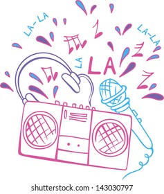 Tape recorder, microphone and headphone with notes 