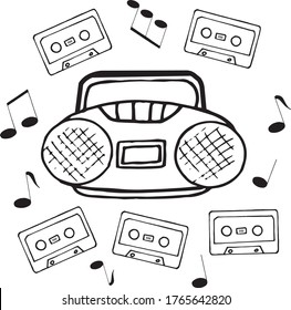tape recorder, musical notes and cassette hand drawn in doodle style. vector, scandinavian, monochrome. composition, template, Set of elements for design card, sticker, poster, icon. music, melody 90s